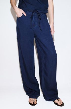 Mango Wide Leg Tie Waist Pants in Dark Blue at Nordstrom, Size 10