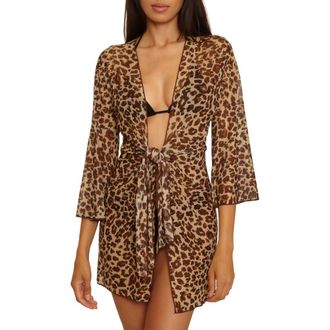 BECCA by Rebecca Virtue Safari Tie Front Long Sleeve Sheer Mesh Cover-Up in Leopard at Nordstrom, Size Medium