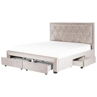 Beliani Beliani - Cama Con Almacenaje De Terciopelo Beige 180 X 200 Cm Cajones Cabecero Alto Capiton&eacute; Glamuroso Lievin