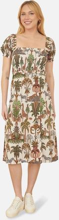 Yumi Cotton Safari Print Ruched Midi Dress in Multi at Nordstrom, Size 10