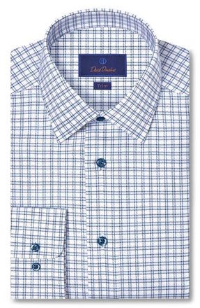 David Donahue Trim Fit Windowpane Check Cotton Dobby Dress Shirt in White/Blue at Nordstrom, Size 17.5 - 34