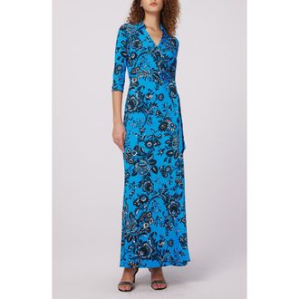 Diane Von F&uuml;rstenberg Abigail Floral Silk Wrap Maxi Dress in Night Vine Blue Lg at Nordstrom Rack, Size Xx-Small