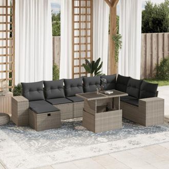 vidaXL Set Muebles Jard&iacute;n 9 Pzas Y Cojines Rat&aacute;n Sint&eacute;tico Gris Claro Vidaxl