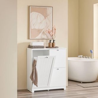 SoBuy Narrow Bathroom Cabinet - Integrated Laundry Hamper in White