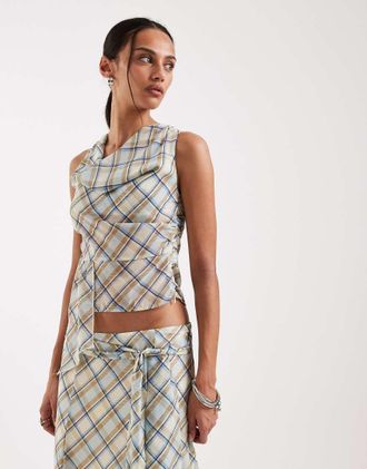 Motel Maida - Top in chiffon blu vintage a quadri con spalle scoperte e laccetti in coordinato