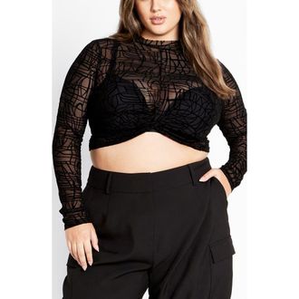 City Chic Evie Long Sleeve Mesh Crop Top in Black at Nordstrom, Size 22W