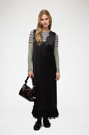 Ganni Black Long Dress in Lace Satin