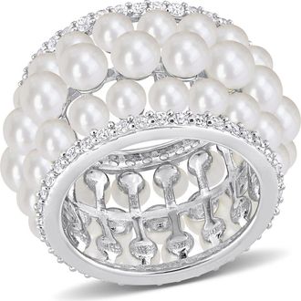 Delmar 14K White Gold 3-3.5mm Cultured Freshwater Pearl & Lab Created White Sapphire Ring at Nordstrom Rack, Size 9