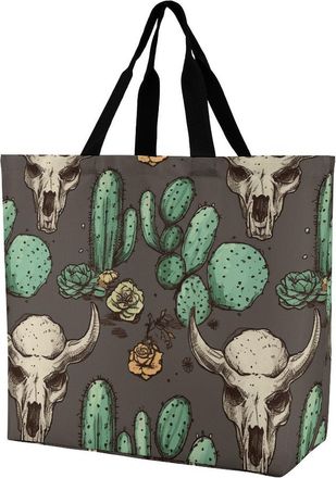 Generic Skull Of Bull And Cute Cactus Women Handbag Durable Shopping Bag Handle Grocery Bags For Casual Work College