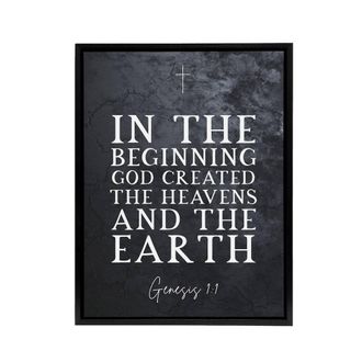 Artery8 Genesis 1 GOD Created Heavens Earth Bible Quote Framed Canvas Art in Grey | Size: W24 x H32