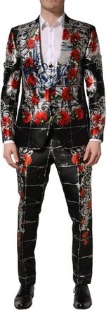 Dolce & Gabbana Mens Black Floral 2 Buttons Formal 3 Piece Suit Silk