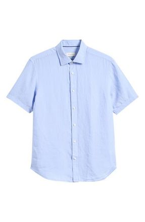 Bugatchi Orson Shaped Fit Short Sleeve Linen Button-Up Shirt in Sky at Nordstrom, Size Xxx-Large