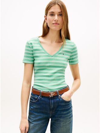 Tommy Hilfiger Womens Stripe V-Neck Favorite T-Shirt - Green - XXL