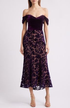 Marchesa Floral Burnout Velvet Cocktail Dress in Dark Purple at Nordstrom, Size 14