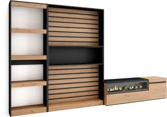 Skraut Home Muebles De Sal&oacute;n Para Tv, Conjunto De Muebles Comedor, 320x186x35cm, Chimenea El&eacute;ctrica, Estilo Moderno, Roble Y Negro - Skraut Home