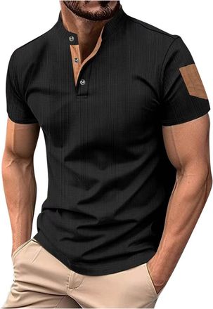 Generic Mens Henley T Shirts Mock Neck Short Sleeve Summer Grandad T Shirt Casual Cotton Linen Plain Collarless Shirts 3 Buttons Holiday Tops Beach Comfy Tshi