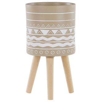 Beliani Beliani - Soporte Para Maceta Redondo Cer&aacute;mica Beige 30 X 30 Cm Patas De Madera Maciza Escandinavo Moderno Macetero Alto Milina