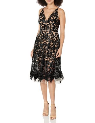 Dress The Population Womens Blair Plunging Fit and Flare Midi Dress, Black/Nude, S