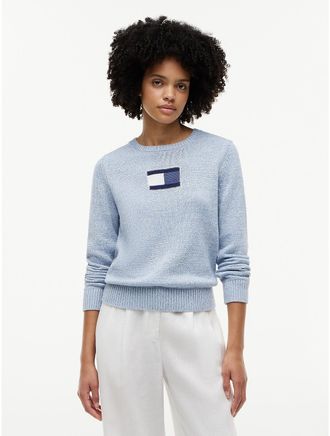 Tommy Hilfiger Womens Intarsia Flag Logo Crewneck Sweater - Ecru - XXL