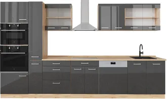 Vicco Mueble De Cocina R-line, Antracita Brillo Intenso/roble Dorado El&eacute;ctrico, 350 Cm Con Armario Alto, Sin Encimera