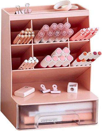 OEM Organizador De Escritorio Con 6 Compartimentos Y Caj&oacute;n - Portal&aacute;pices Multifuncional Para Oficina Y Hogar - Rosa