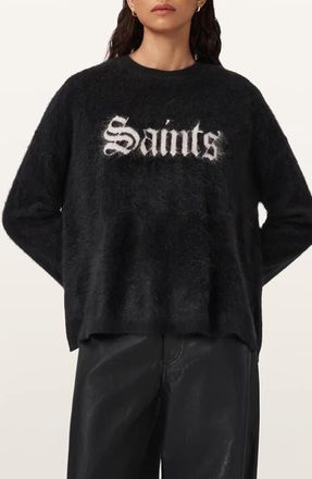 AllSaints Saints Crewneck Cashmere Sweater in Black/Chalk White at Nordstrom, Size Medium