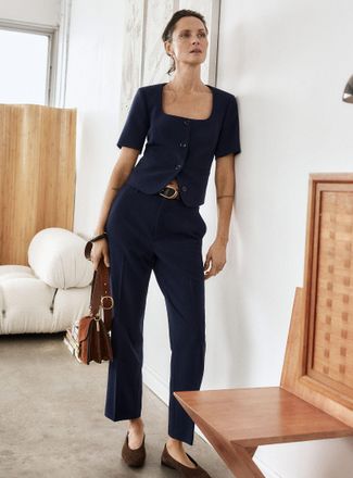 Contemporaine Womens Universal soft piqu&eacute;-textured pant Fit: Semi-slim leg, mid rise