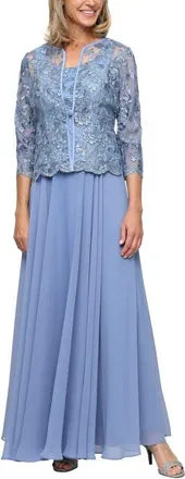 Alex Evenings Mixed Media Sleeveless Gown with Embroidered Jacket in Dusty Blue at Nordstrom, Size 14