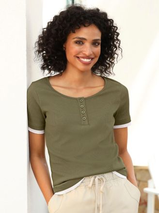 Heine 2-in-1-Shirt HEINE Shirt, Damen, Gr. 34, khaki, 95% Baumwolle, 5% Elasthan, unifarben, Rundhals, Shirts 2-in-1-Shirt