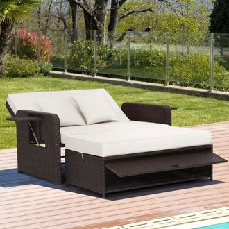 Costway Costway Patio Wicker Loveseat Sofa w/ Multipurpose Ottoman in White