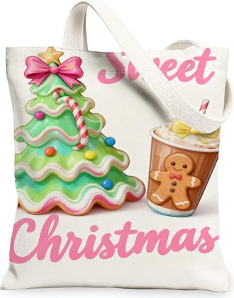 Generic Christmas Sweet Treats Canvas Tote Bags, Holiday Tree Design Reusable Grocery Bags, Lightweight Washable Shoulder Strap for, White, 13x15 Inch