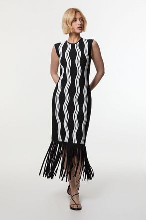 Karen Millen Womens Contrast Wave Knit Dress With Fringing - Monochrome Multi Polyamide - Size X-Small