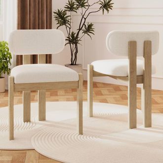 Merax Set of 4 Boucl&eacute; Dining Chair with Solid Wood Frame, Curved Backrest in Natural