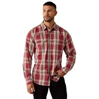 Ariat Mens Retro Hawthorne Fitted Western Snap Shirt Long Sleeve in Brick Red Plaid, Size X-Small, by Ariat