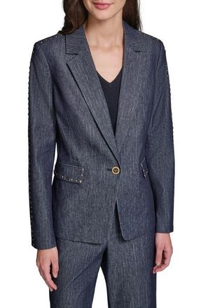 Karl Lagerfeld Pinstripe Stud Denim Blazer in Dark Wash at Nordstrom, Size 12