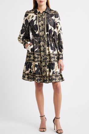 Julia Jordan Long Sleeve Tie Belt Button-Up Shirtdress in Black Multi at Nordstrom, Size X-Small
