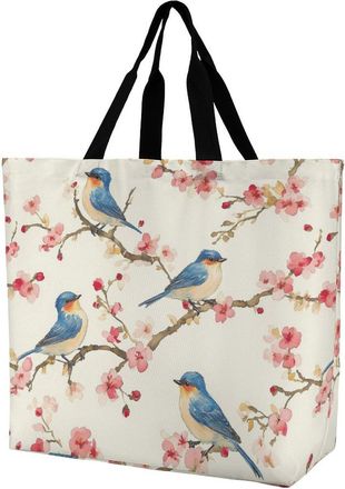 Generic Bluebirds Perched on Cherries Flowers Large Reusable Shopping Bag Lightweight Foldable Tote Bags Washable Shoulder Handbag