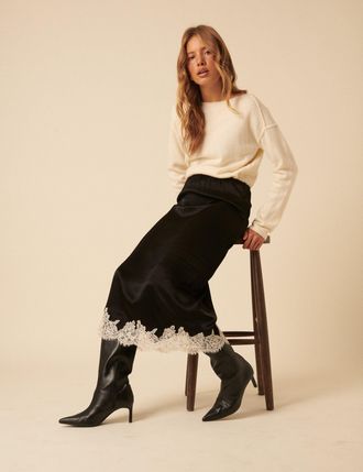 Nobody's Child Black Lace Trim Satin Midi Skirt