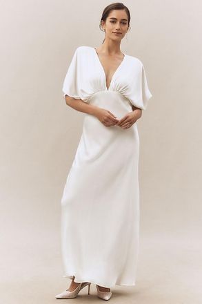 BHLDN Amelia Deep-V Flutter-Sleeve Satin A-Line Gown