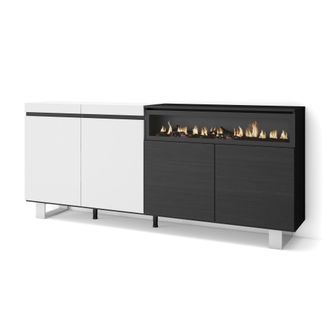 Skraut Home Aparadores Para Sal&oacute;n, Gran Capacidad De Almacenaje, 200x87x35cm, 4 Puertas, Chimenea El&eacute;ctrica, Dise&ntilde;o Industrial, Estilo Moderno, Blanco Y Negro - S