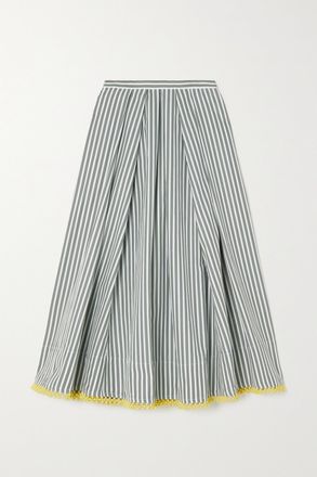 Rosie Assoulin Gonna Midi In Popeline Di Cotone A Righe Con Pieghe E Finiture In Pizzo - Verde