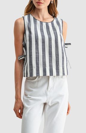 All in Favor Stripe Side Ties Crop Cotton & Linen Blend Top in Navy Stripe at Nordstrom, Size X-Large