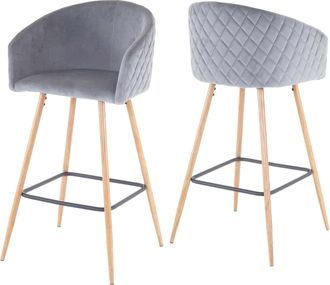 Hhg Hhg - Juego De 2 Taburetes De Bar 201, Taburete De Bar Taburete De Barra Taburete De Cocina Con Respaldo, Metal Aspecto Madera, Terciopelo, Gris