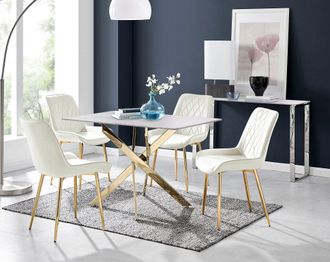 Furniturebox Leonardo White Glass Marble Effect Gold Leg Table & 4 Pesaro Gold Leg Chairs in Cream