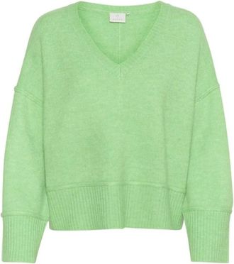 Kaffe Lentebloemen V-hals Pullover Sweater - Dames - V-hals truien - Groen - XS - Wol - Truien & Vesten