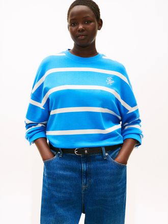 Tommy Hilfiger Sweatshirt TOMMY HILFIGER CURVE CRV TH SCRIPT MDRN TERRY SWTSHRT, Damen, Gr. 46, mesmerizing blau, calico stp, Sweatware, Obermaterial: 83% Baumwolle,