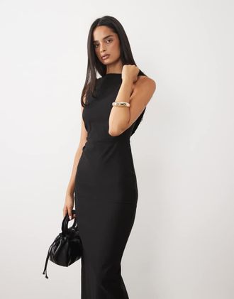 Vesper vestito lungo nero con collo alto, schiena drappeggiata e tessuto bengalina-Giallo