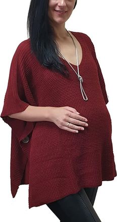 Mimosa Maternity Ladies One Size Knitted Warm Oversized V-Neck Poncho Cape with Side Buttons (One Size, Burgundy)