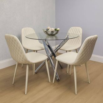 Kosy Koala Modern Round Clear Glass Dining Table Set with 4 Cream Chairs