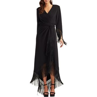 Tadashi Shoji Fringe Detail Long Sleeve Gown in Black at Nordstrom, Size Xx-Large